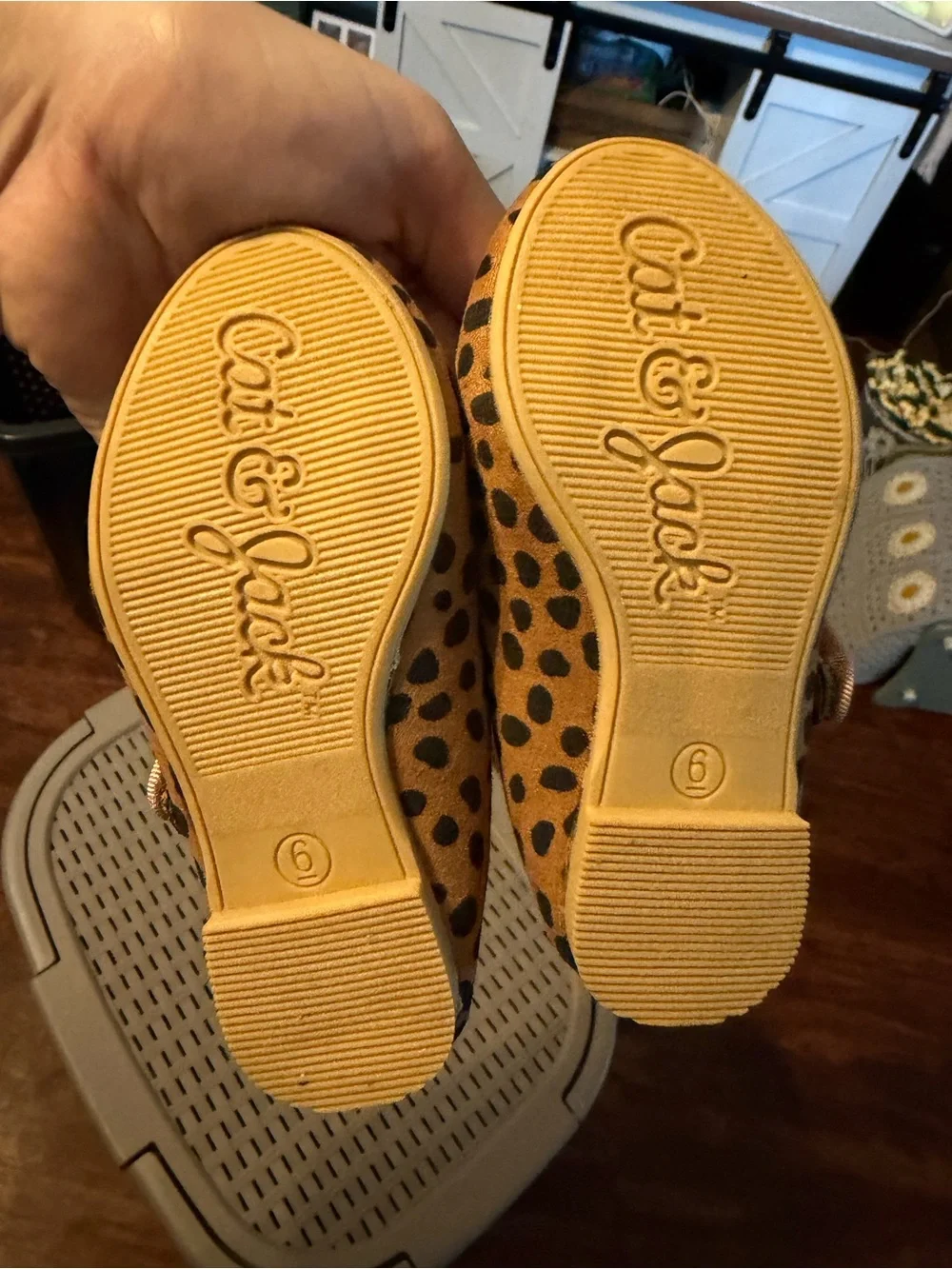 Cat & Jack Girls Tan and Black Leopard Mary Jane Shoes with Pink Trim
